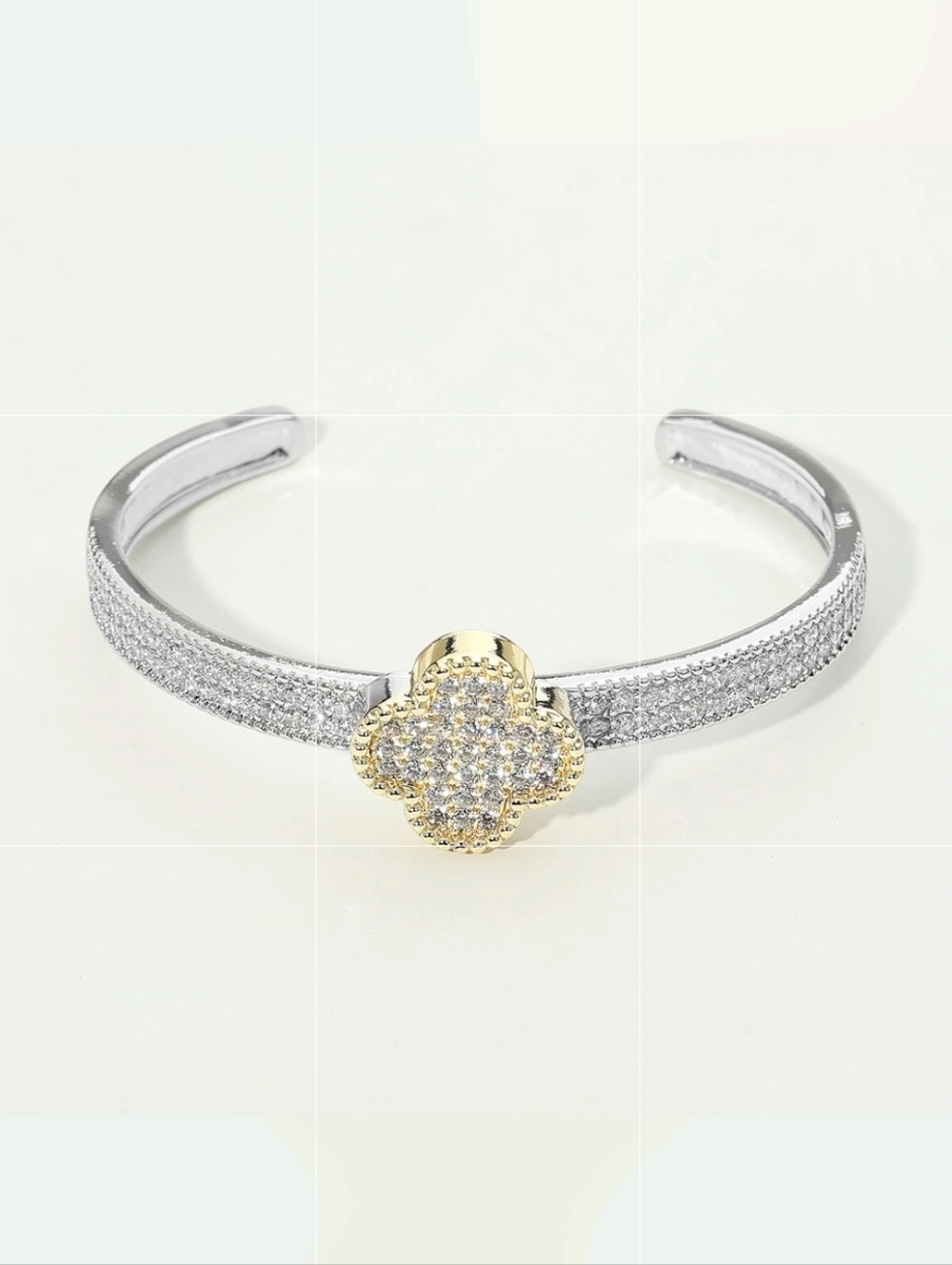 14k Gold Plated CZ Quatrefoil Clover Cuff Bracelet Bangle Metal 2 Tone Silver